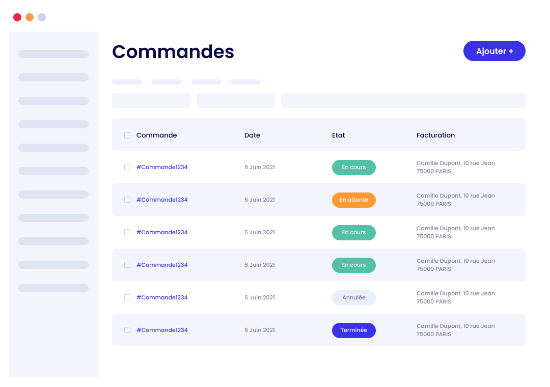 Dashboard de suivi de commande